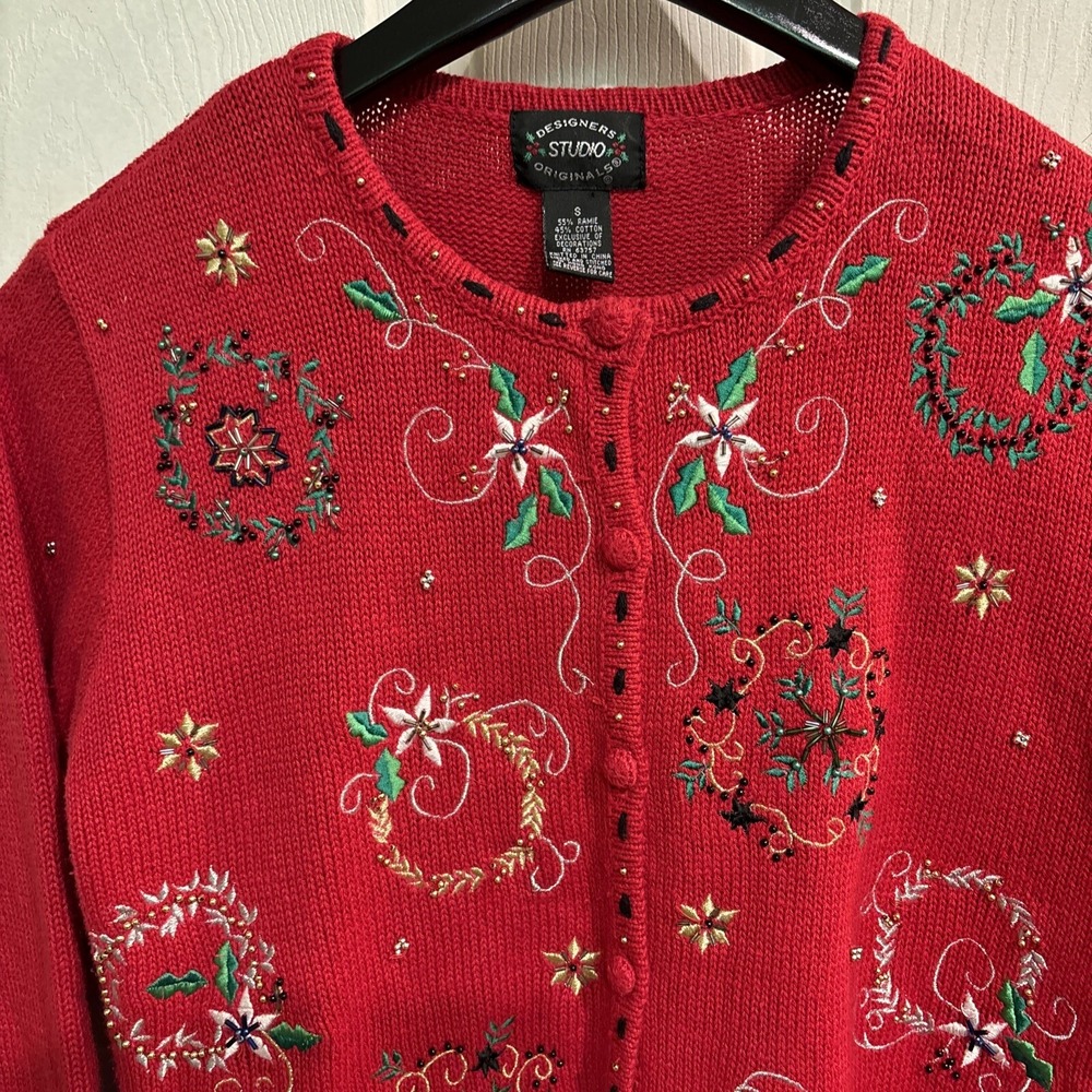 Designers Originals Studio Christmas Sweater Cardigan Red S Beading Embroidered
